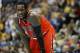 Apr 14, 2013; Denver, CO, USA; Portland Trailblazers center J.J. Hickson (21) during the first half against the Denver Nuggets at the Pepsi Center. Mandatory Credit: Chris Humphreys-USA TODAY Sports