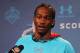 Feb 22, 2013; Indianapolis, IN, USA; Arkansas wide receiver Cobi Hamilton speaks at a press conference during the 2013 NFL Combine at Lucas Oil Stadium. Mandatory Credit: Brian Spurlock-USA TODAY Sports