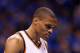 OKLAHOMA CITY, OK - APRIL 24: Russell Westbrook #0 of the Oklahoma City Thunder during Game Two of the Western Conference Quarterfinals of the 2013 NBA Playoffs against the Houston Rockets at Chesapeake Energy Arena on April 24, 2013 in Oklahoma City, Oklahoma. The Thunder defeated the Rockets 105-102. NOTE TO USER: User expressly acknowledges and agrees that, by downloading and or using this photograph, User is consenting to the terms and conditions of the Getty Images License Agreement. (Photo by Christian Petersen/Getty Images)