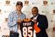 Apr 26, 2013; Cincinnati, OH, USA; Cincinnati Bengals first round draft pick Tyler Eifert and head coach Marvin Lewis pose for a photo during a press conference at Paul Brown Stadium. Mandatory Credit: Frank Victores-USA TODAY Sports