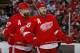 DETROIT - MAY 10: Pavel Datsyuk #13 and Henrik Zetterberg #40 of the Detroit Red Wings talk during the second period while playing the San Jose Sharks in Game Six of the Western Conference Semifinals during the 2011 NHL Stanley Cup Playoffs on May 10, 2011 at Joe Louis Arena in Detroit, Michigan. (Photo by Gregory Shamus/Getty Images)