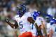 Aug 31, 2012; East Lansing, MI, USA; Boise State Broncos cornerback Jamar Taylor (5) celebrates after a pass was intercepted in the end zone in the second quarter against the Michigan State Spartans at Spartan Stadium. Mandatory Credit: Andrew Weber-US Presswire