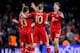 BARCELONA, SPAIN - MAY 01: (L- R) Rafinha, Arjen Robben and Thomas Muller of Munich celebrate reaching the final following their team's 3-0 victory during the UEFA Champions League semi final second leg match between Barcelona and FC Bayern Muenchen at Nou Camp on May 1, 2013 in Barcelona, Spain. (Photo by David Ramos/Getty Images)