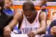 OKLAHOMA CITY, OK - MAY 01: Kevin Durant #35 of the Oklahoma City Thunder reacts on the bench during the final moments of Game Five of the Western Conference Quarterfinals of the 2013 NBA Playoffs against the Houston Rockets at Chesapeake Energy Arena on May 1, 2013 in Oklahoma City, Oklahoma. The Rockets defeated the Thunder 107-100. NOTE TO USER: User expressly acknowledges and agrees that, by downloading and or using this photograph, User is consenting to the terms and conditions of the Getty Images License Agreement. (Photo by Christian Petersen/Getty Images)