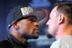 LAS VEGAS, NV - MAY 01: Boxers Floyd Mayweather Jr. (L) and Robert Guerrero pose during the final news conference for their bout at the MGM Grand Hotel/Casino on May 1, 2013 in Las Vegas, Nevada. Mayweather will defend his WBC welterweight title against Guerrero. (Photo by Jeff Bottari/Getty Images)