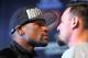 LAS VEGAS, NV - MAY 01: Boxers Floyd Mayweather Jr. (L) and Robert Guerrero pose during the final news conference for their bout at the MGM Grand Hotel/Casino on May 1, 2013 in Las Vegas, Nevada. Mayweather will defend his WBC welterweight title against Guerrero. (Photo by Jeff Bottari/Getty Images)