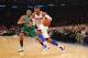 NEW YORK, NY - APRIL 23: Carmelo Anthony #7 of the New York Knicks drives against Paul Pierce #34 of the Boston Celtics during Game two of the Eastern Conference Quarterfinals of the 2013 NBA Playoffs at Madison Square Garden on April 23, 2013 in New York City. NOTE TO USER: User expressly acknowledges and agrees that, by downloading and or using this photograph, User is consenting to the terms and conditions of the Getty Images License Agreement. (Photo by Al Bello/Getty Images)