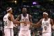 BOSTON, MA - JUNE 03: (L-R) Paul Pierce #34, Kevin Garnett #5 and Rajon Rondo #9 of the Boston Celtics celebrate a play against the Miami Heat in Game Four of the Eastern Conference Finals in the 2012 NBA Playoffs on June 3, 2012 at TD Garden in Boston, Massachusetts. The Celtics won 93-91. NOTE TO USER: User expressly acknowledges and agrees that, by downloading and or using this photograph, User is consenting to the terms and conditions of the Getty Images License Agreement. (Photo by Jim Rogash/Getty Images)