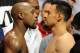 May 3, 2013; Las Vegas, NV, USA; Floyd Mayweather (left) looks at Robert Guerrero during the weigh in before their WBC Welterweight title fight at the MGM Grand Garden Arena. Mandatory Credit: Jayne Kamin-Oncea-USA TODAY Sports