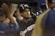 MILWAUKEE, WI - APRIL 30: Carlos Gomez #27 of the Milwaukee Brewers celebrates in the dugout after reaching home on a double hit by Martin Maldonado in the bottom of the second inning against the Pittsburgh Pirates at Miller Park on April 30, 2013 in Milwaukee, Wisconsin. (Photo by Mike McGinnis/Getty Images)