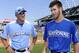 July 9, 2012; Kansas City, MO, USA; American League outfielder Mike Trout (left) of the Los Angeles Angels talks with National League outfielder Bryce Harper (right) of the Washington Nationals during practice for the 2012 All Star Game at Kauffman Stadium. Mandatory Credit: H. Darr Beiser-USA TODAY Sports via USA TODAY Sports