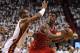 May 6, 2013; Miami, FL, USA; Chicago Bulls small forward Jimmy Butler (21) is pressed by Miami Heat shooting guard Dwyane Wade (3) during the first half in game one of the second round of the 2013 NBA Playoffs at American Airlines Arena. Mandatory Credit: Steve Mitchell-USA TODAY Sports
