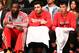 Feb. 22, 2013; Brooklyn, NY, USA; Houston Rockets shooting guard James Harden (left), small forward Carlos Delfino (10), and point guard Jeremy Lin (right) sit on the bench against the Brooklyn Nets during the second half at Barclays Center. Houston won 106-96. Mandatory Credit: Debby Wong-USA TODAY Sports