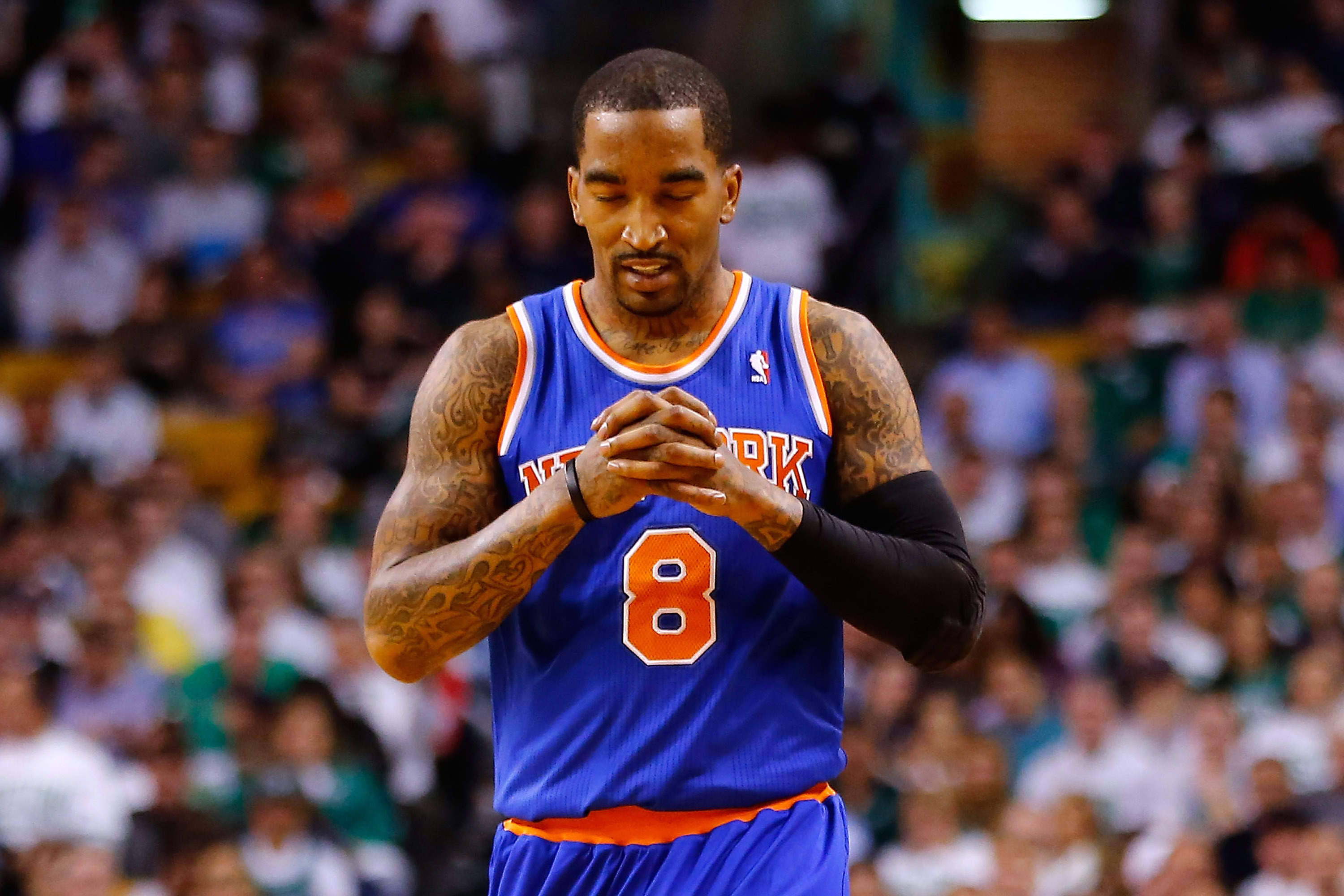 New York Knicks J.R. Smith reacts after making a basket in the third