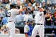 NEW YORK, NY - APRIL 28: Lyle Overbay #55 of the New York Yankees celebrates his seventh inning two run home run with teammate Travis Hafner #33 as Henry Blanco #22 of the Toronto Blue Jays looks on at Yankee Stadium on April 28, 2013 in the Bronx borough of New York City. (Photo by Jim McIsaac/Getty Images)