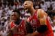 MIAMI, FL - MAY 06: Nate Robinson #2 of the Chicago Bulls and Taj Gibson #22 of the Chicago Bulls celebrate after Robinson scores against the Miami Heat in Game One of the Eastern Conference Semifinals of the 2013 NBA Playoffs at American Airlines Arena on May 6, 2013 in Miami, Florida. NOTE TO USER: User expressly acknowledges and agrees that, by downloading and/or using this photograph, user is consenting to the terms and conditions of the Getty Images License Agreement. (Photo by Chris Trotman/Getty Images)