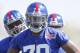 May 10, 2013; East Rutherford, NJ, USA; New York Giants defensive end Damontre Moore (79) during the rookie minicamp at the Giants Timex Performance Center. Mandatory Credit: Jim O'Connor-USA TODAY Sports