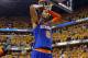May 18, 2013; Indianapolis, IN, USA; New York Knicks guard J.R. Smith (8) reacts to losing to the Indiana Pacers in game six of the second round of the 2013 NBA Playoffs at Bankers Life Fieldhouse. Indiana defeats New York 106-99. Mandatory Credit: Brian Spurlock-USA TODAY Sports