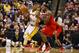 Feb 1 2013; Indianapolis, IN, USA; Miami Heat forward LeBron James (6) defends Indiana Pacers forward Paul George (24) at Bankers Life Fieldhouse. Indiana defeats Miami 102-89. Mandatory Credit: Brian Spurlock-USA TODAY Sports