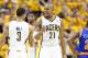 INDIANAPOLIS, IN - MAY 18: David West #21 and George Hill #3 of the Indiana Pacers celebrate in the game against the New York Knicks during Game Six of the Eastern Conference Semifinals of the 2013 NBA Playoffs at Bankers Life Fieldhouse on May 18, 2013 in Indianapolis, Indiana.The Pacers won 106-99. NOTE TO USER: User expressly acknowledges and agrees that, by downloading and or using this photograph, User is consenting to the terms and conditions of the Getty Images License Agreement. (Photo by Andy Lyons/Getty Images)
