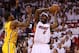 MIAMI, FL - MAY 22: LeBron James #6 of the Miami Heat handles the ball against Paul George #24 of the Indiana Pacers during Game One of the Eastern Conference Finals at AmericanAirlines Arena on May 22, 2013 in Miami, Florida. NOTE TO USER: User expressly acknowledges and agrees that, by downloading and or using this photograph, user is consenting to the terms and conditions of the Getty Images License Agreement. (Photo by Mike Ehrmann/Getty Images)