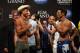 May 24, 2013; Las Vegas, NV, USA; UFC light weight KJ Noons (right) squares off with Donald Cerrone during the weight-in for UFC 160 at the MGM Grand Garden Arena. Mandatory Credit: Bruce Fedyck-USA TODAY Sports