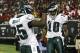 September 18, 2011; Atlanta, GA, USA; Philadelphia Eagles running back LeSean McCoy (25) celebrates with wide receiver DeSean Jackson (10) after scoring a touchdown against the Atlanta Falcons in the third quarter at the Georgia Dome. The Falcons beat the Eagles 35-31. Mandatory Credit: Daniel Shirey-USA TODAY Sports