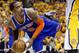 INDIANAPOLIS, IN - MAY 18: J.R. Smith #8 of the New York Knicks looks to pass the ball during the game against the Indiana Pacers during Game Six of the Eastern Conference Semifinals of the 2013 NBA Playoffs at Bankers Life Fieldhouse on May 18, 2013 in Indianapolis, Indiana. NOTE TO USER: User expressly acknowledges and agrees that, by downloading and or using this photograph, User is consenting to the terms and conditions of the Getty Images License Agreement. (Photo by Andy Lyons/Getty Images)