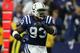 INDIANAPOLIS - JANUARY 06: Dwight Freeney #93 of the Indianapolis Colts celebrates a defensive play against the Kansas City Chiefs during their AFC Wild Card Playoff Game January 6, 2007 at RCA Dome in Indianapolis, Indiana. The Colts won 23-8. (Photo by Jonathan Daniel/Getty Images)