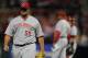 October 3, 2012; St. Louis, MO. USA; Cincinnati Reds relief pitcher Jonathan Broxton (50) walks off the field after being taken out of the game during the eighth inning against the St. Louis Cardinals at Busch Stadium. The Cardinals won 1-0. Mandatory Credit: Jeff Curry-USA TODAY Sports