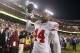 Dec 3, 2012; Landover, MD, USA; New York Giants running back Ahmad Bradshaw (44) holds up his helmet before the game against the Washington Redskins at FedEx Field. Mandatory Credit: Andrew Mills/THE STAR-LEDGER via USA TODAY Sports