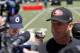 May 22, 2013; Santa Clara, CA, USA; San Francisco 49ers head coach Jim Harbaugh speaks to the media during organized team activities at the 49ers training complex. Mandatory Credit: Kelley L Cox-USA TODAY Sports