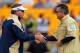 Sept. 24, 2011; Pittsburgh, PA, USA; Notre Dame Fighting Irish head coach Brian Kelly shakes hands with Pittsburgh Panthers head coach Todd Graham before the game at Heinz Field. Mandatory Credit: Matt Cashore-USA TODAY Sports