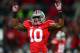 Oct 6, 2012; Columbus, OH, USA; Ohio State Buckeyes linebacker Ryan Shazier (10) celebrates in the first quarter against the Nebraska Cornhuskers at Ohio Stadium. Mandatory Credit: Andrew Weber-USA TODAY Sports