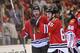 Jun 12, 2013; Chicago, IL, USA; Chicago Blackhawks center Andrew Shaw (65) celebrates after scoring the game-winning goal against the Boston Bruins during the third overtime period in game one of the 2013 Stanley Cup Final at the United Center. Mandatory Credit: Rob Grabowski-USA TODAY Sports