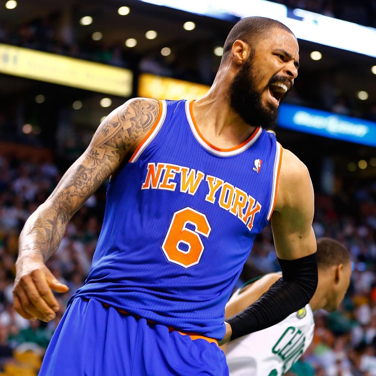 New York Knicks Tyson Chandler has his jersey pulled down while
