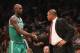 NEW YORK, NY - NOVEMBER 15: Coach Doc Rivers greets Kevin Garnett #5 of the Boston Celtics as he returns to the bench in the game against the Brooklyn Nets at the Barclays Center on November 15, 2012 in the Brooklyn borough of New York City. NOTE TO USER: User expressly acknowledges and agrees that, by downloading and/or using this photograph, user is consenting to the terms and conditions of the Getty Images License Agreement. (Photo by Bruce Bennett/Getty Images)