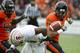 Nov 5, 2011; Corvallis, OR, USA; Oregon State Beavers cornerback Jordan Poyer (14) is called for leading with his helmet against Stanford Cardinal wide receiver Chris Owusu (81) during the first half at Reser Stadium. Owusu was injured on the play and was taken off the field in an ambulance. Mandatory Credit: Jim Z. Rider-USA TODAY Sports.