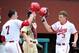 Jun 9, 2013; Tallahassee, FL, USA; Indiana Hoosiers designated hitter Scott Donley (3) celebrates with shortstop Michael Basil (7) after a home run against the Florida State Seminoles during the Tallahassee super regional of the 2013 NCAA baseball tournament at Dick Howser Stadium. Mandatory Credit: Melina Vastola-USA TODAY Sports