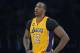 Apr 17, 2013; Los Angeles, CA, USA; Los Angeles Lakers center Dwight Howard (12) reacts during the game against the Houston Rockets at the Staples Center. The Lakers defeated the Rockets 99-95 in overtime. Mandatory Credit: Kirby Lee-USA TODAY Sports