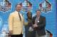 CANTON, OH - AUGUST 3: Pro Football Hall of Fame inductee Joe DeLamielleure (L) poses with his bust and his presenter, sportswriter Larry Felser during the 2003 NFL Hall of Fame Induction ceremony on August 3, 2003 in Canton, Ohio. (Photo by David Maxwell/Getty Images)