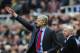 NEWCASTLE UPON TYNE, ENGLAND - MAY 19: Managers Arsene Wenger (R) of Arsenal and Alan Pardew of Newcastle react during the Barclays Premier League match between Newcastle United and Arsenal at St James' Park on May 19, 2013 in Newcastle upon Tyne, England. (Photo by Stu Forster/Getty Images)