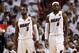 Jun 18, 2013; Miami, FL, USA; Miami Heat shooting guard Dwyane Wade (3) and small forward LeBron James (6) react during the second quarter of game six in the 2013 NBA Finals against the San Antonio Spurs at American Airlines Arena. Mandatory Credit: Derick E. Hingle-USA TODAY Sports
