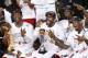 Jun 20, 2013; Miami, FL, USA; Miami Heat shooting guard Dwyane Wade (left), LeBron James (center) and Chris Bosh (right) celebrate after game seven in the 2013 NBA Finals at American Airlines Arena. Miami defeated the San Antonio Spurs 95-88 to win the NBA Championship. Mandatory Credit: Derick E. Hingle-USA TODAY Sports