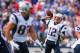 ORCHARD PARK, NY - SEPTEMBER 30: Tom Brady #12 of the New England Patriots throws to Rob Gronkowski #87 at Ralph Wilson Stadium on September 30, 2012 in Orchard Park, New York. Gronkowski scored a touchdown on the play.New England won 52-28. (Photo by Rick Stewart/Getty Images)