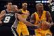 LOS ANGELES, CA - NOVEMBER 13: Kobe Bryant #24 of the Los Angeles Lakers is fouled by Tony Parker #9 of the San Antonio Spurs during an 84-82 Spurs win at Staples Center on November 13, 2012 in Los Angeles, California. NOTE TO USER: User expressly acknowledges and agrees that, by downloading and or using this photograph, User is consenting to the terms and conditions of the Getty Images License Agreement. (Photo by Harry How/Getty Images)