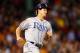 BOSTON, MA - JUNE 18: Wil Myers #9 of the Tampa Bay Rays runs to first base following his first major league hit in the second inning against the Boston Red Sox during the game on June 18, 2013 at Fenway Park in Boston, Massachusetts. (Photo by Jared Wickerham/Getty Images)