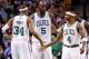Dec 19, 2012; Boston, MA, USA; Boston Celtics small forward Paul Pierce (34), power forward Kevin Garnett (5), and shooting guard Jason Terry (4) celebrate against the Cleveland Cavaliers during the first half at TD Garden. Mandatory Credit: Mark L. Baer-USA TODAY Sports