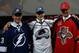 NEWARK, NJ - JUNE 30: (L-R) Number three over all Jonathan Drouin of Tampa Bay Lightning, number one over all Nathan Mackinnon of the Colorado Avalanche and number two over all Aleksander Barkov of the Florida Panthers pose during the 2013 NHL Draft at the Prudential Center on June 30, 2013 in Newark, New Jersey. (Photo by Bruce Bennett/Getty Images)