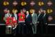 NEWARK, NJ - JUNE 30: Ryan Hartman, drafted #30 overall in the first round by the Chicago Blackhawks, poses for photos with members of the Blackhawks organization including Scotty Bowman (4 R) during the 2013 NHL Draft at the Prudential Center on June 30, 2013 in Newark, New Jersey. (Photo by Bruce Bennett/Getty Images)